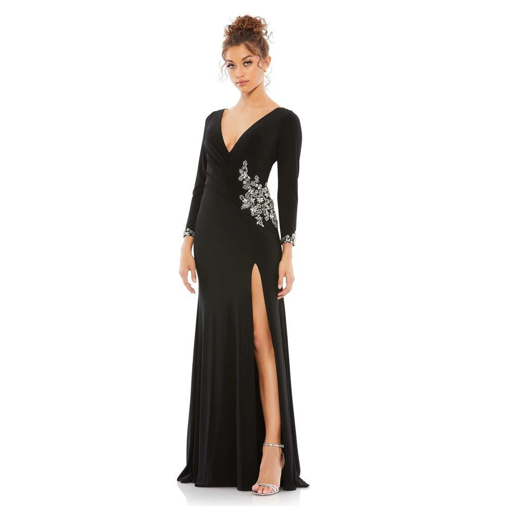 Mac Duggal Leena Floral Embellished Faux Wrap Jersey Gown Women's Size 2 NWT
